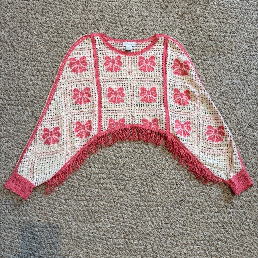 House of Harlow 1960 Cream Pink Coquette Crochet Bow Fringe Poncho Sweater‎ OS - Picture 9 of 9